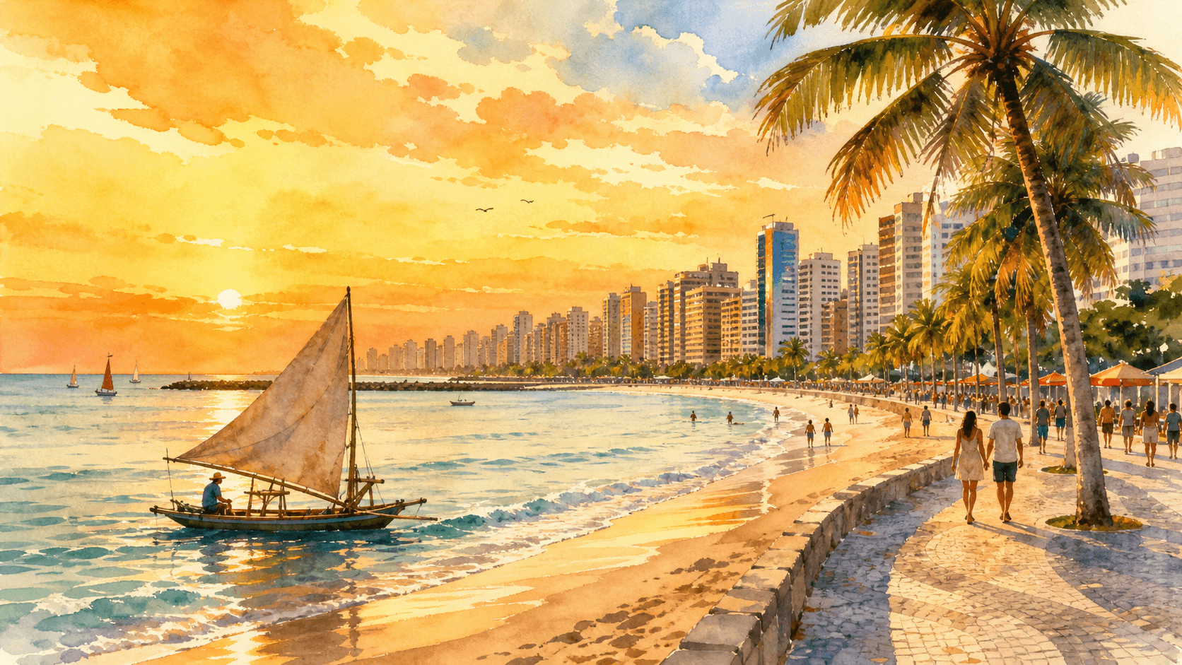 Imagem de capa do post Como ir a Fortaleza com menos de 9.000 pontos Livelo, com ilustração da orla de Fortaleza ao pôr do sol