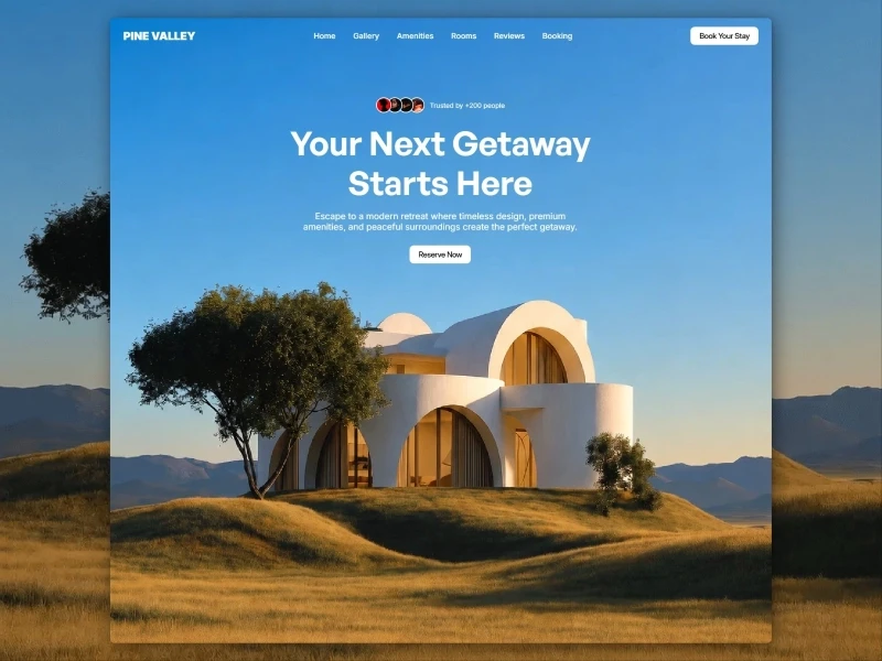 Pine Valley Framer template hero section featuring modern white dome architecture on a grassy hill at sunset