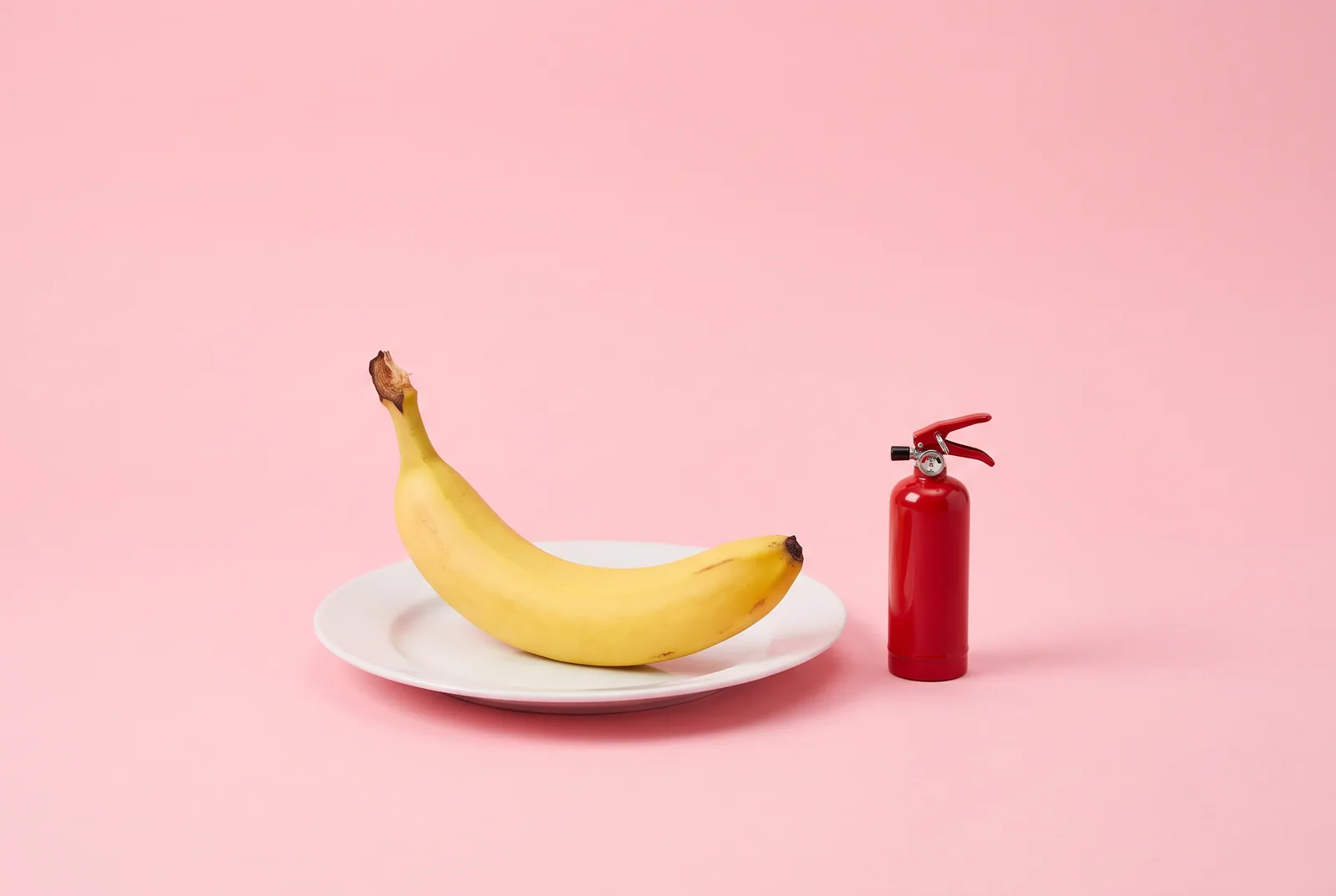 A banana on a plate beside a tiny red fire extinguisher, help in the moment of an urge in QUITTR vs BrainBuddy
