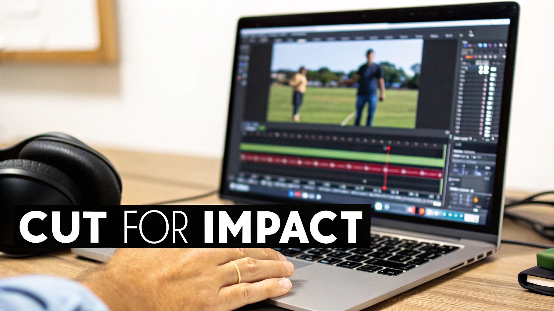A person's hand on a laptop trackpad, editing a video with headphones on a desk, with text 'Cut for Impact'.