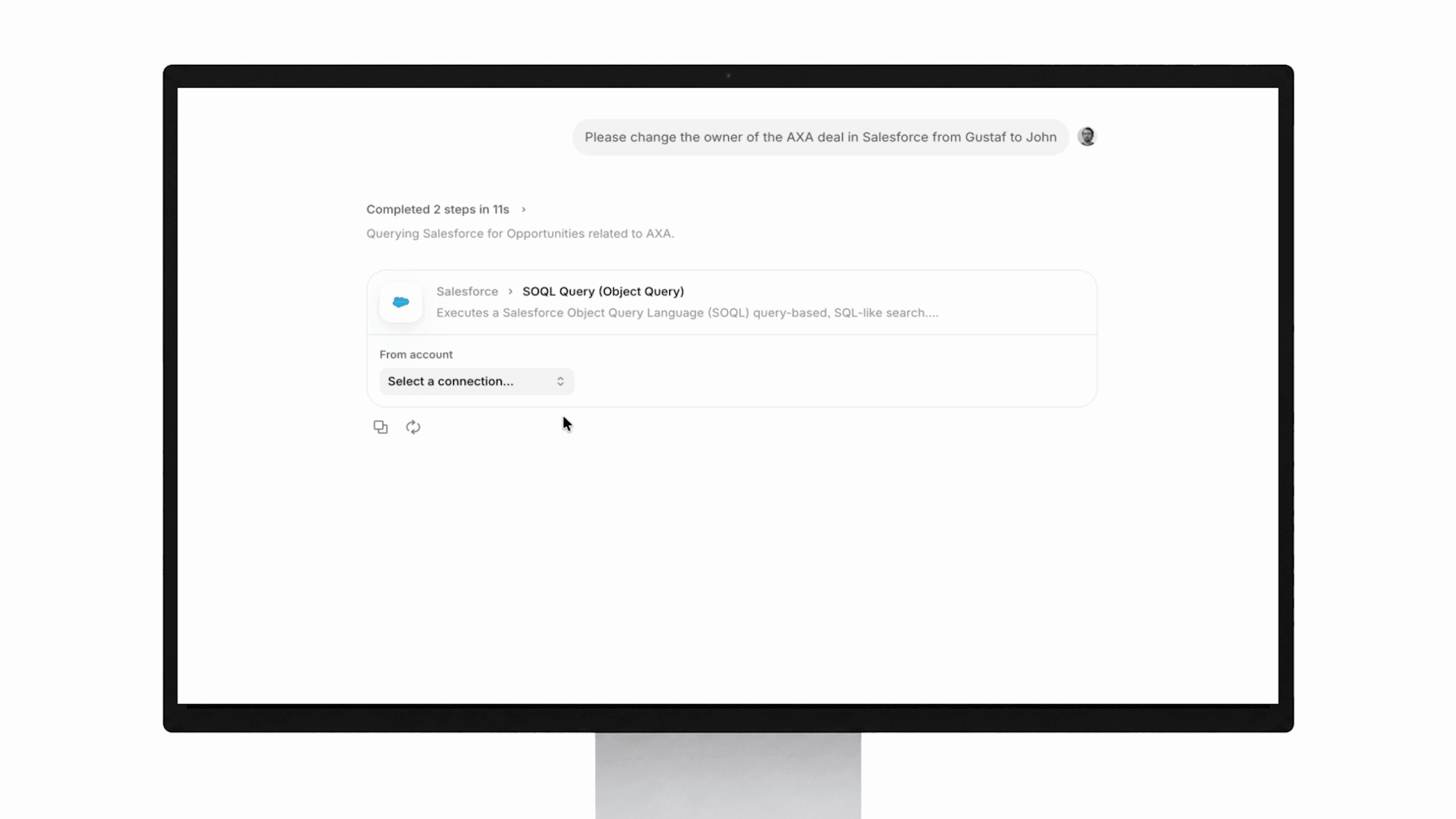 V7 Go chat interface showing an agent querying Salesforce via SOQL to change the owner of the AXA deal.