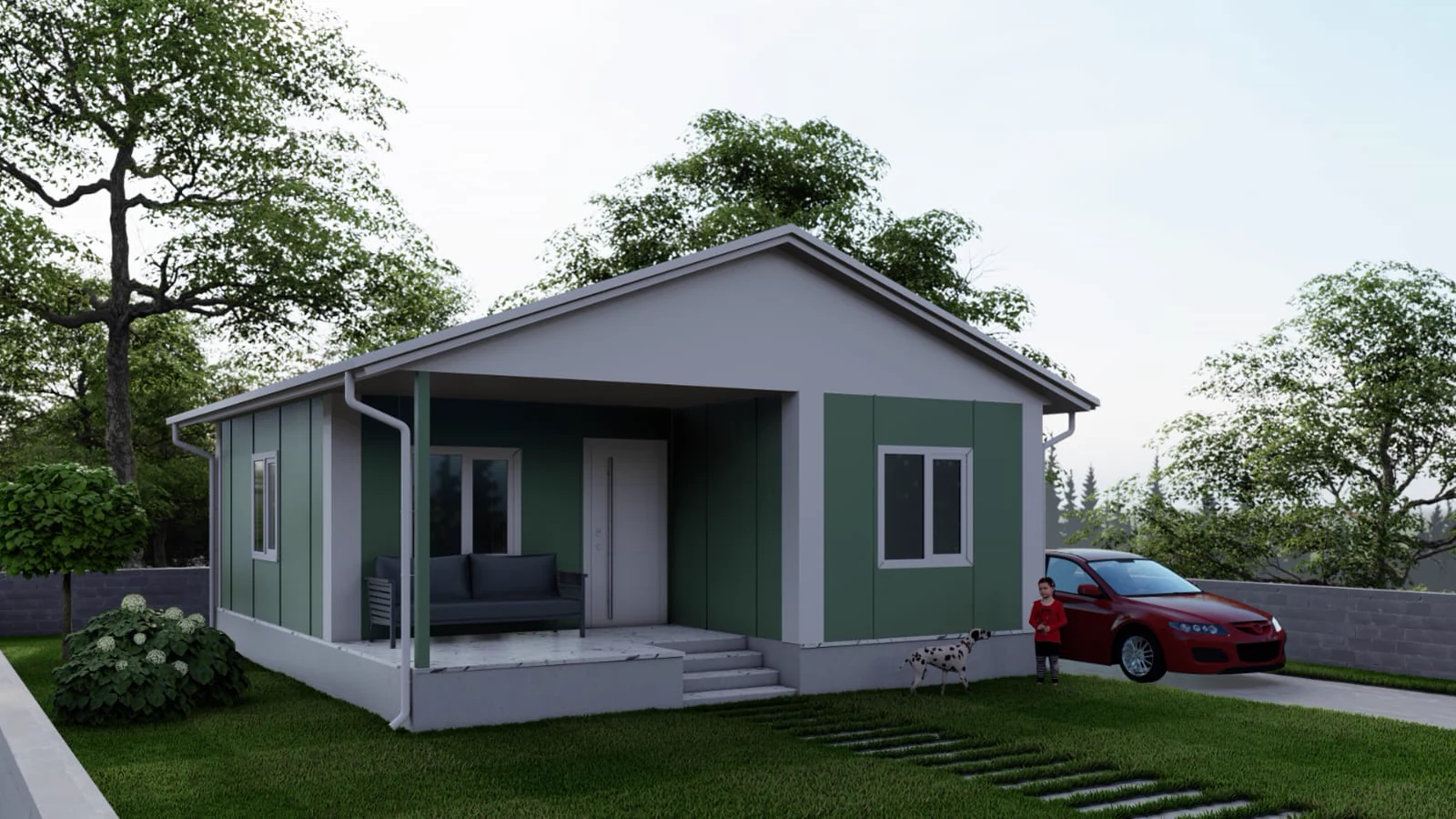 Bungalow monopiano in acciaio grigio scuro con ingresso coperto, immerso nel verde del giardino.