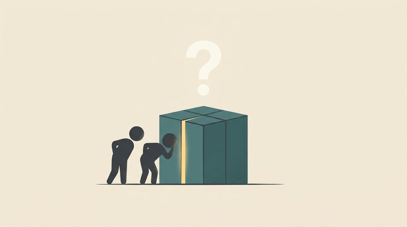 Two stylized figures peaking into a glowing crack in a large cube with a question mark above.