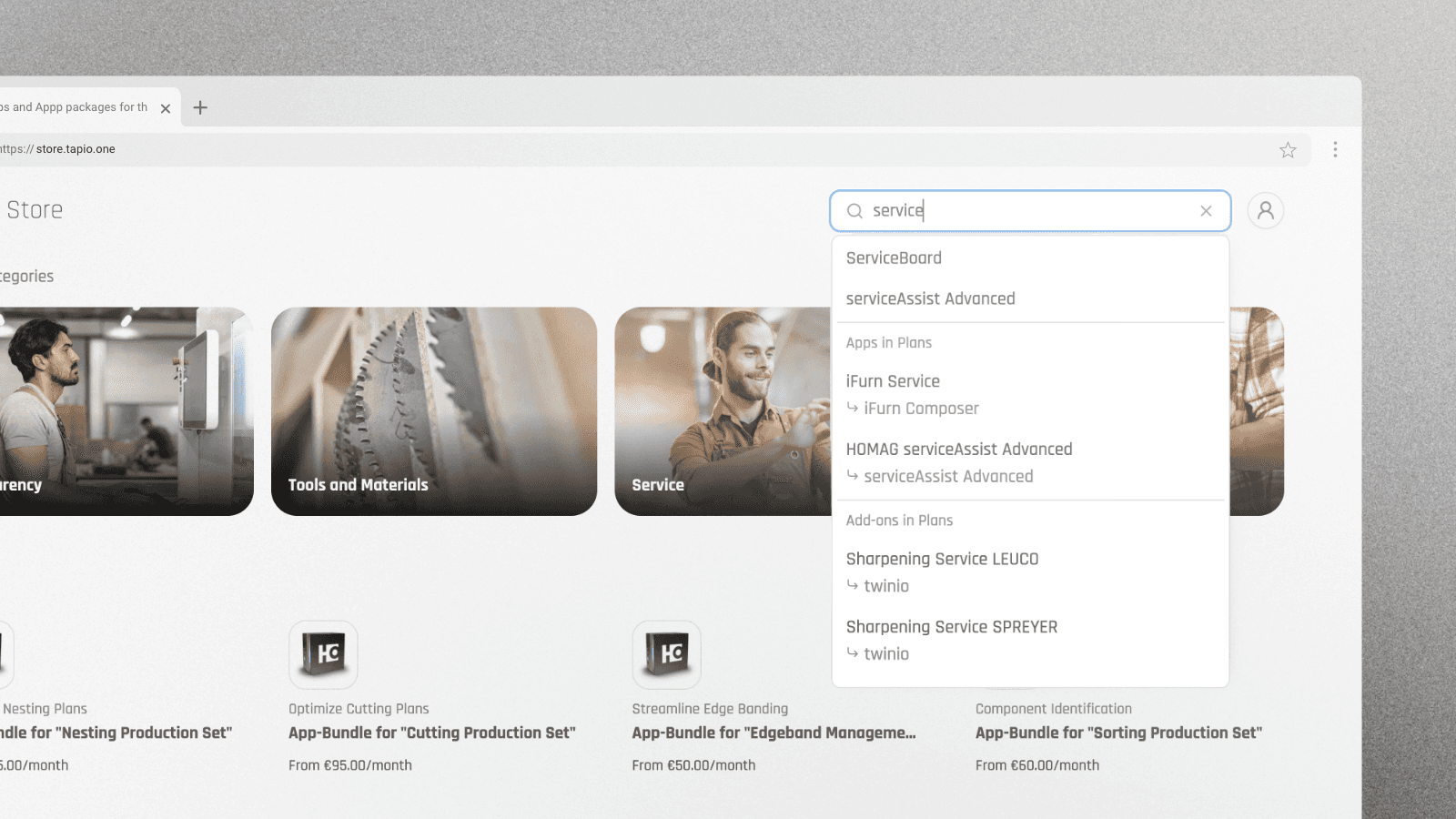 Screenshot aus dem tapio Store auf dem das Wort Service in das Suchfeld eingegeben wird