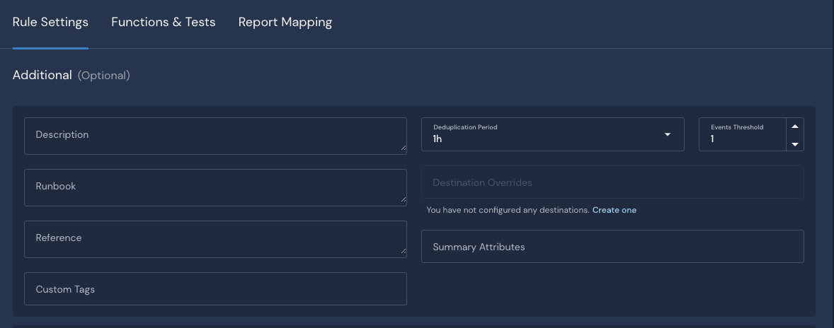 Rule settings tab of the detection showing fields for description, deduplication period, events threshold, runbook, reference, and custom tags.