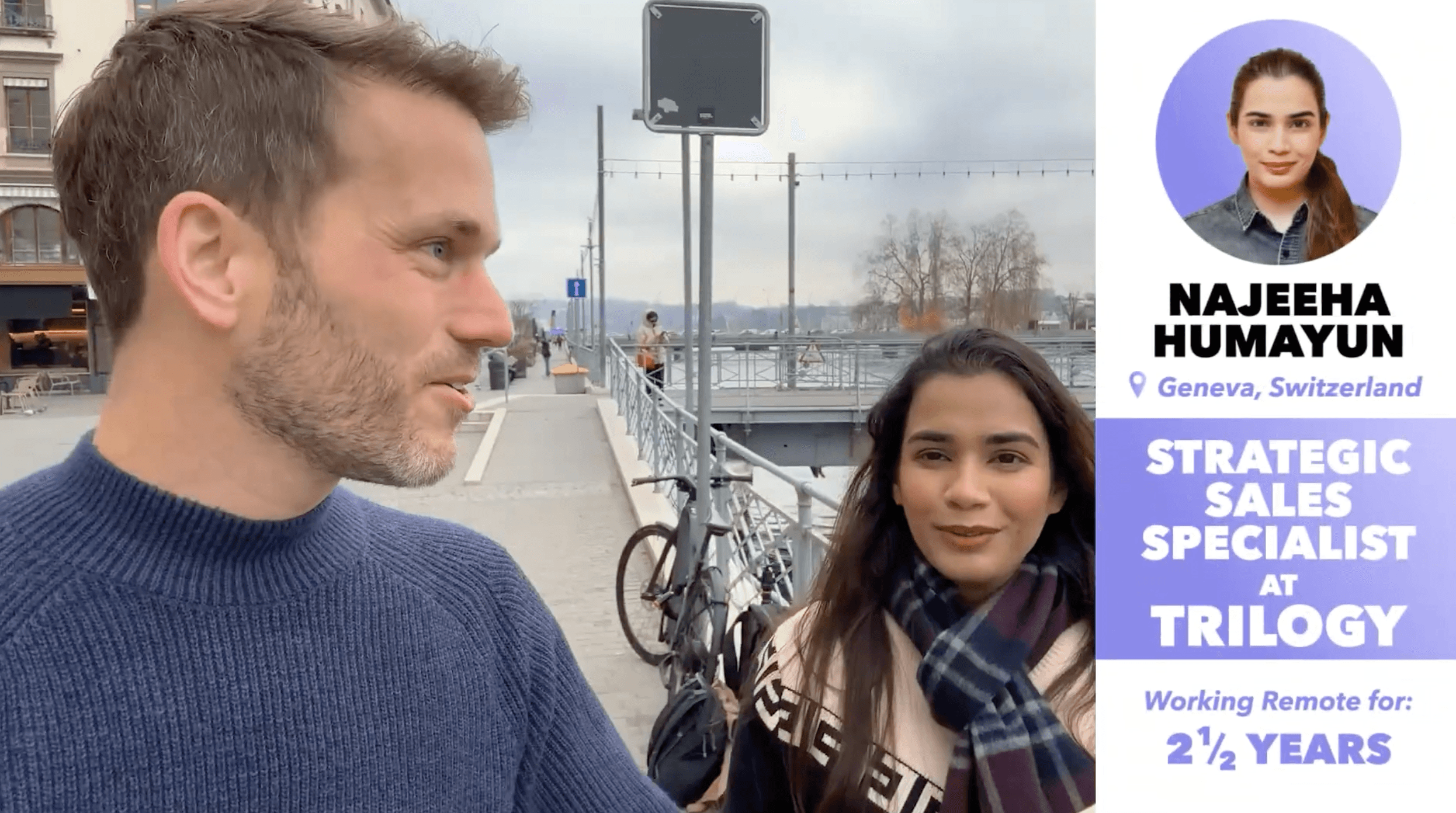The intro slide for an Out of Office guest, Najeeha Humayun. It shows her location is Geneva, Switzerland, that she's a strategic sales specialist at Triology and that she's been working remote for 2 and a half years. To the side, we see her smiling as she talks with Andrew.