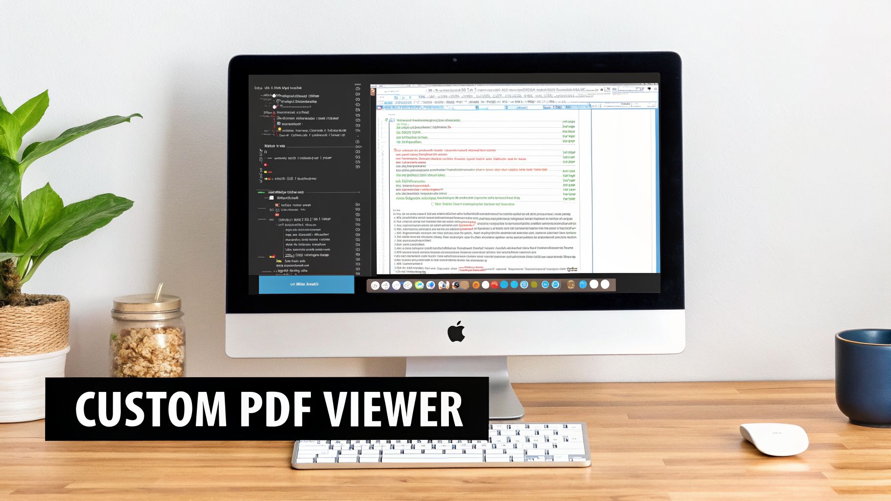 An iMac displays a custom PDF viewer interface on a wooden desk with a plant and accessories.