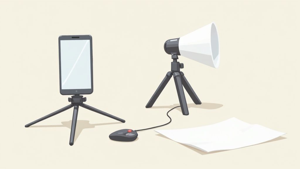 Eine Person richtet ein Smartphone auf einem Stativ vor einem Ringlicht aus.