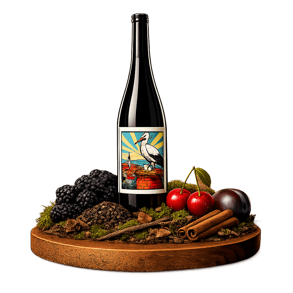 Artistic label and flavor profile for Austrian Burgenland Red on a rustic wooden table.