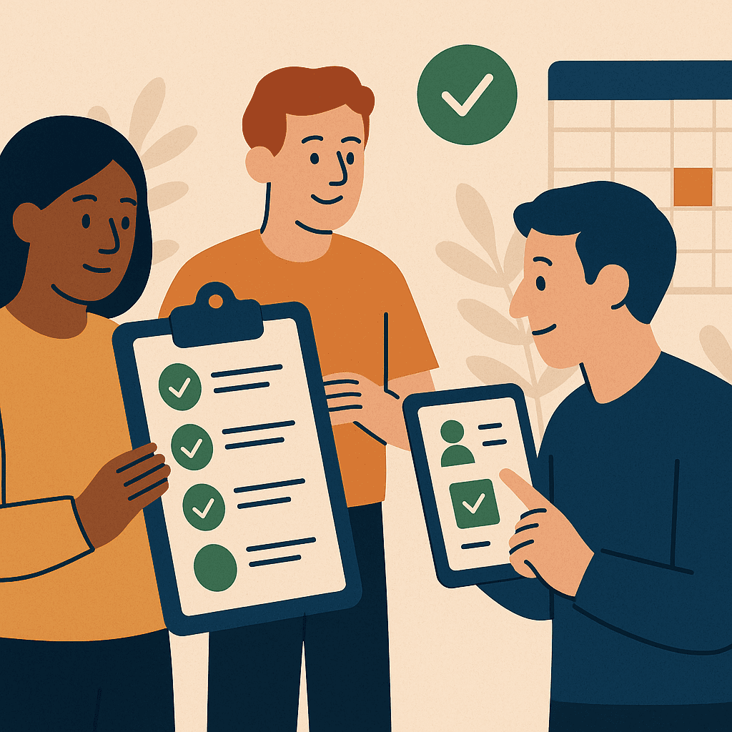 Illustration of nonprofit staff organizing volunteer schedules with a checklist and calendar.