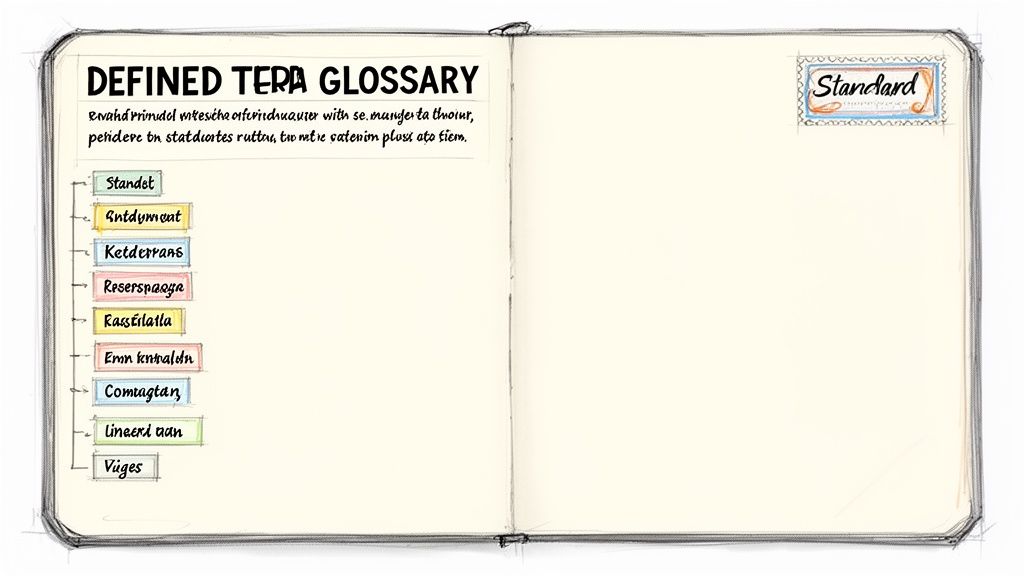 An open notebook displays a glossary titled 'Defined Tera Glossary' with a list of terms and a 'Standard' stamp.