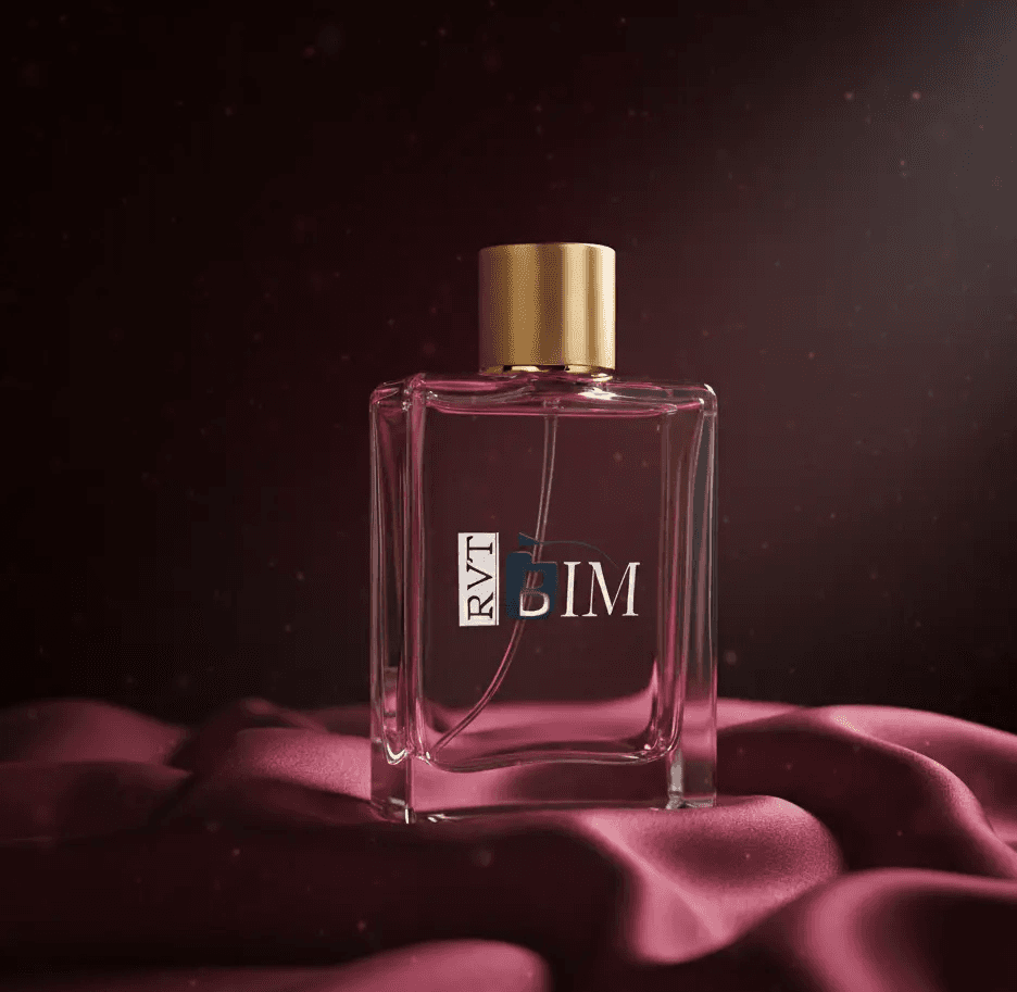 A bottle of SIM perfume by RVT sits on a dark red fabric. The bottle is clear glass with a gold cap and a minimalist label.