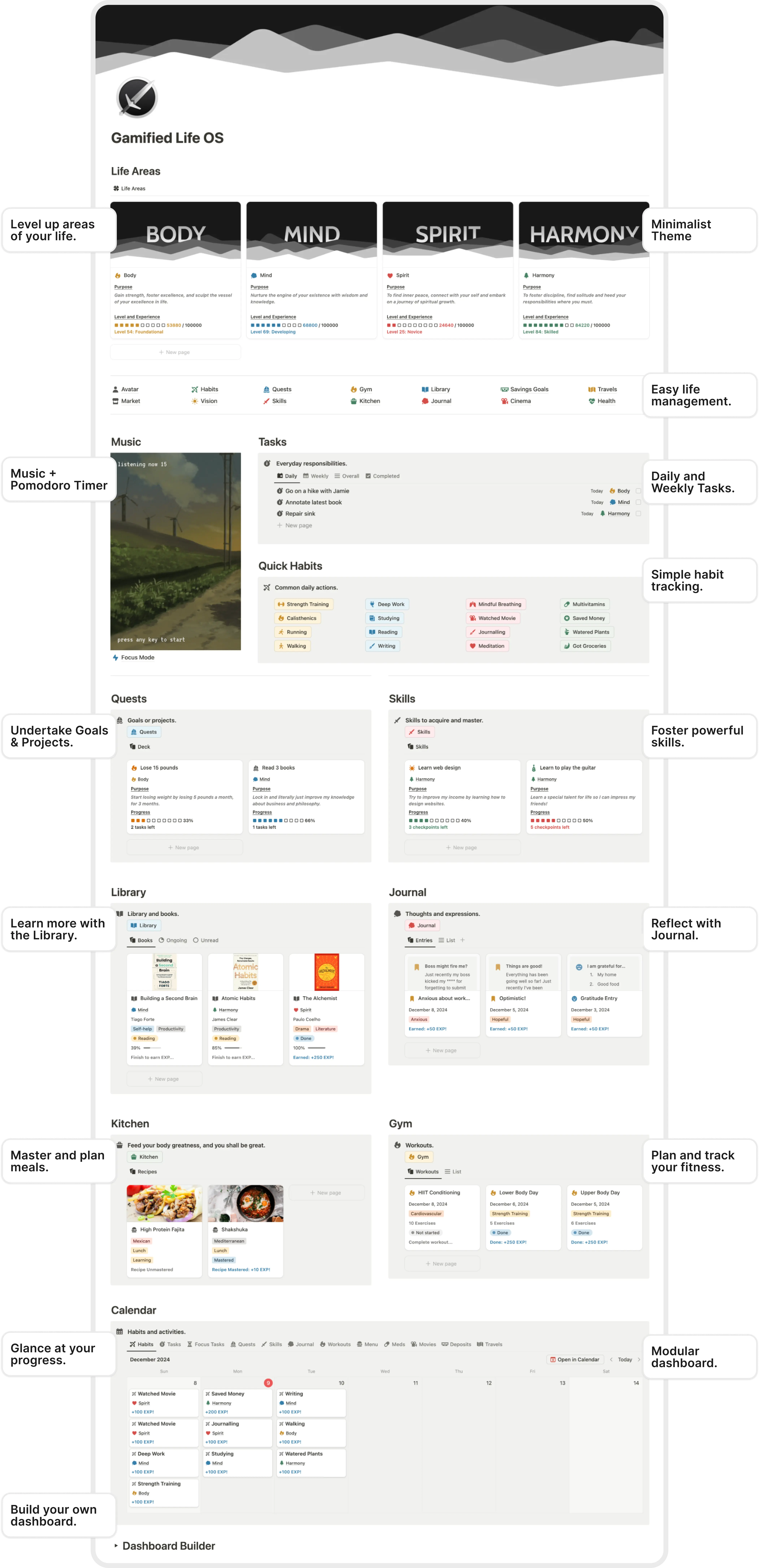 Gamified Life OS Minimalist Theme Features