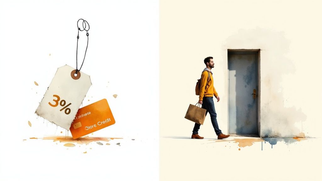 Illustration of a 3% tag and store credit card, next to a man carrying a shopping bag by a door.