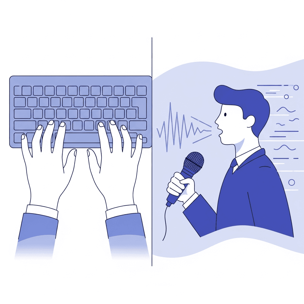 A modern, minimalist illustration showing the speed difference between typing and speaking for email composition. Split composition with left side showing hands typing on a keyboard at a slow pace, right side showing a person speaking into a microphone with dynamic sound waves. Use a clean color palette with blues and purples. The speaking side should feel faster and more energetic with motion lines or flowing elements. Professional business setting aesthetic, digital productivity theme.