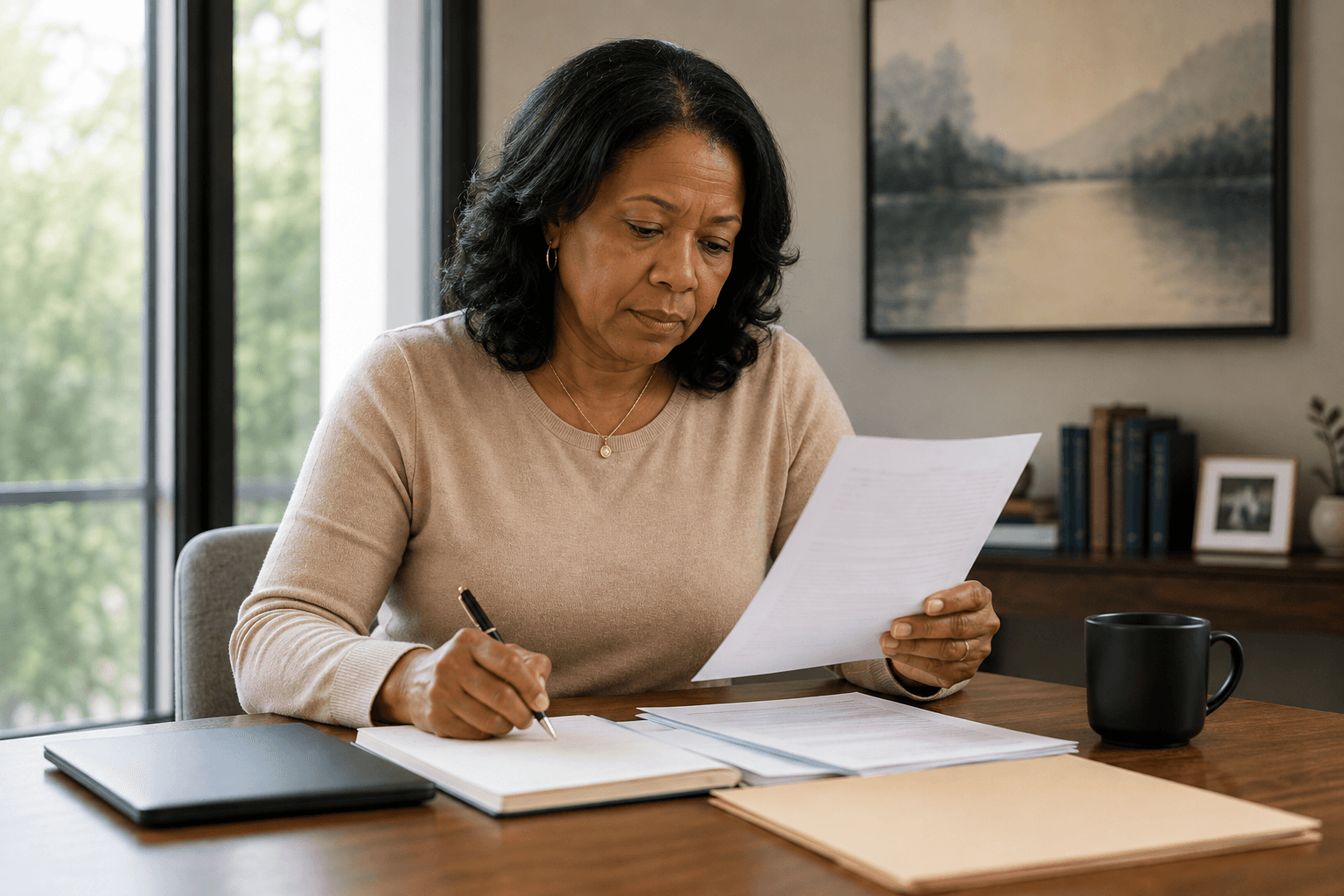 Black woman in her 50s reviewing divorce documents and taking notes at a desk.
