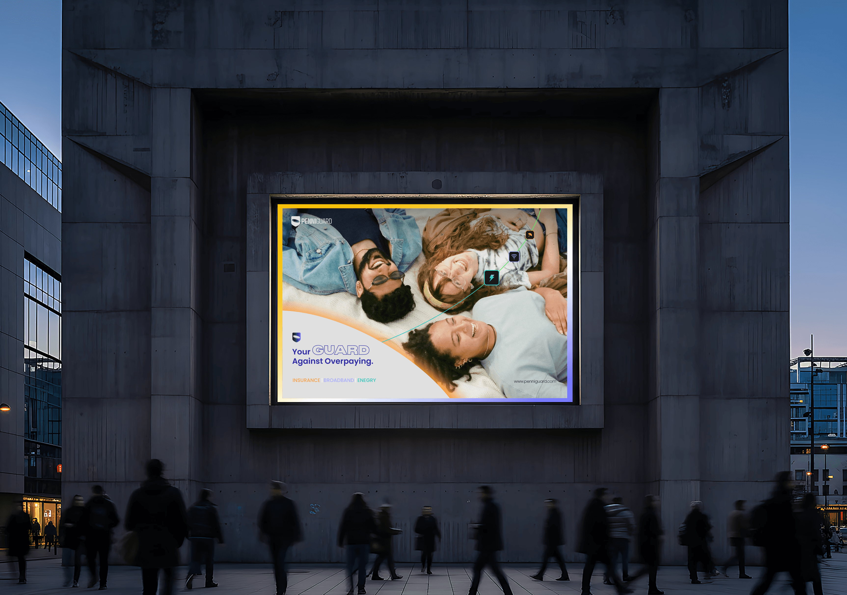 A billboard with happy people on it, night time, motion blur effect, yellow and purple frames highlight the image of 3 happy people lying on the ground. 
