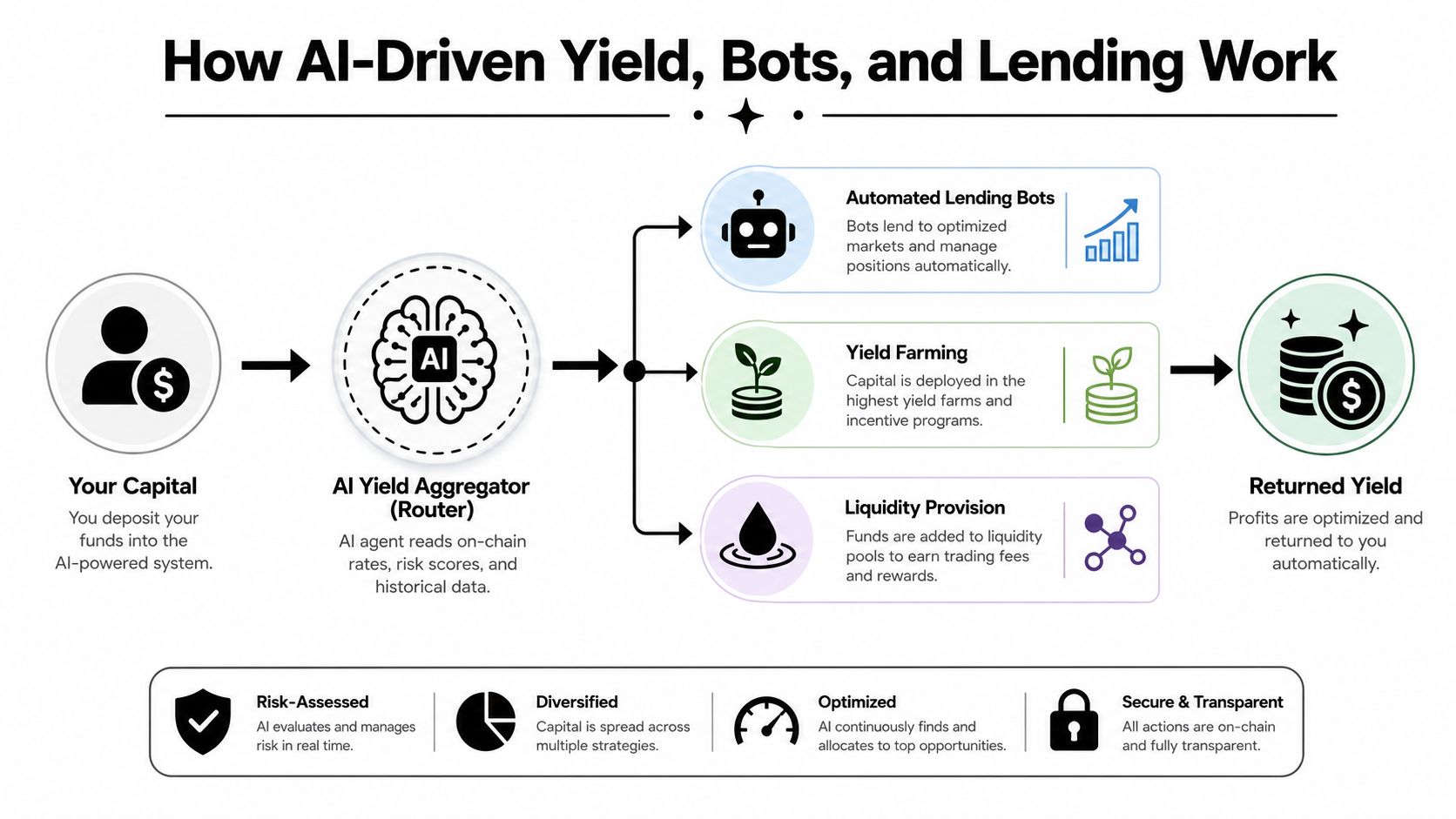 A diagram illustrating how an AI-driven platform aggregates user capital into lending, yield farming, and liquidity provision strategies.