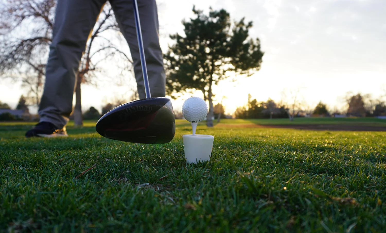 Tee shot shot glass and tee holder on a grassy green about to be hit by a golf club.