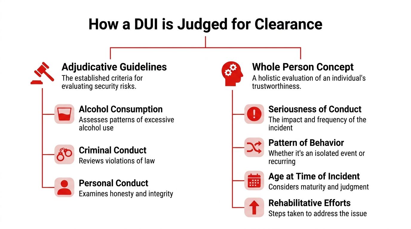 A flowchart explaining how a DUI charge is evaluated for government security clearance through adjudicative guidelines.
