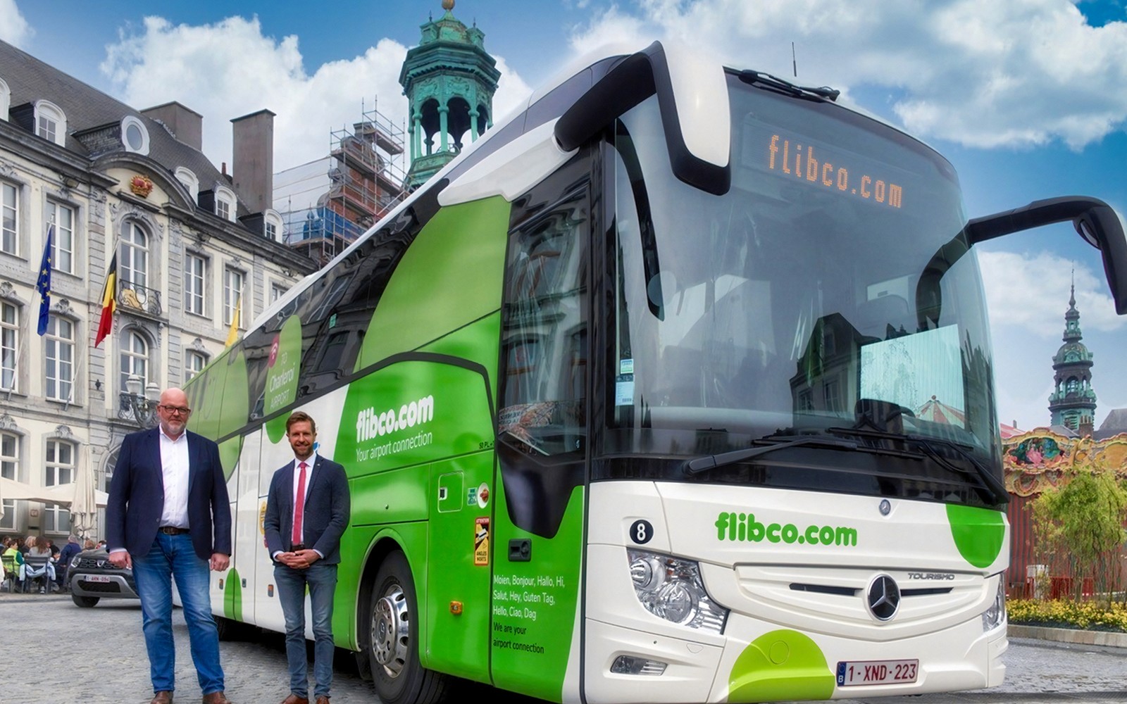 Flibco bus at Charleroi Airport for transfer to Brussels.
