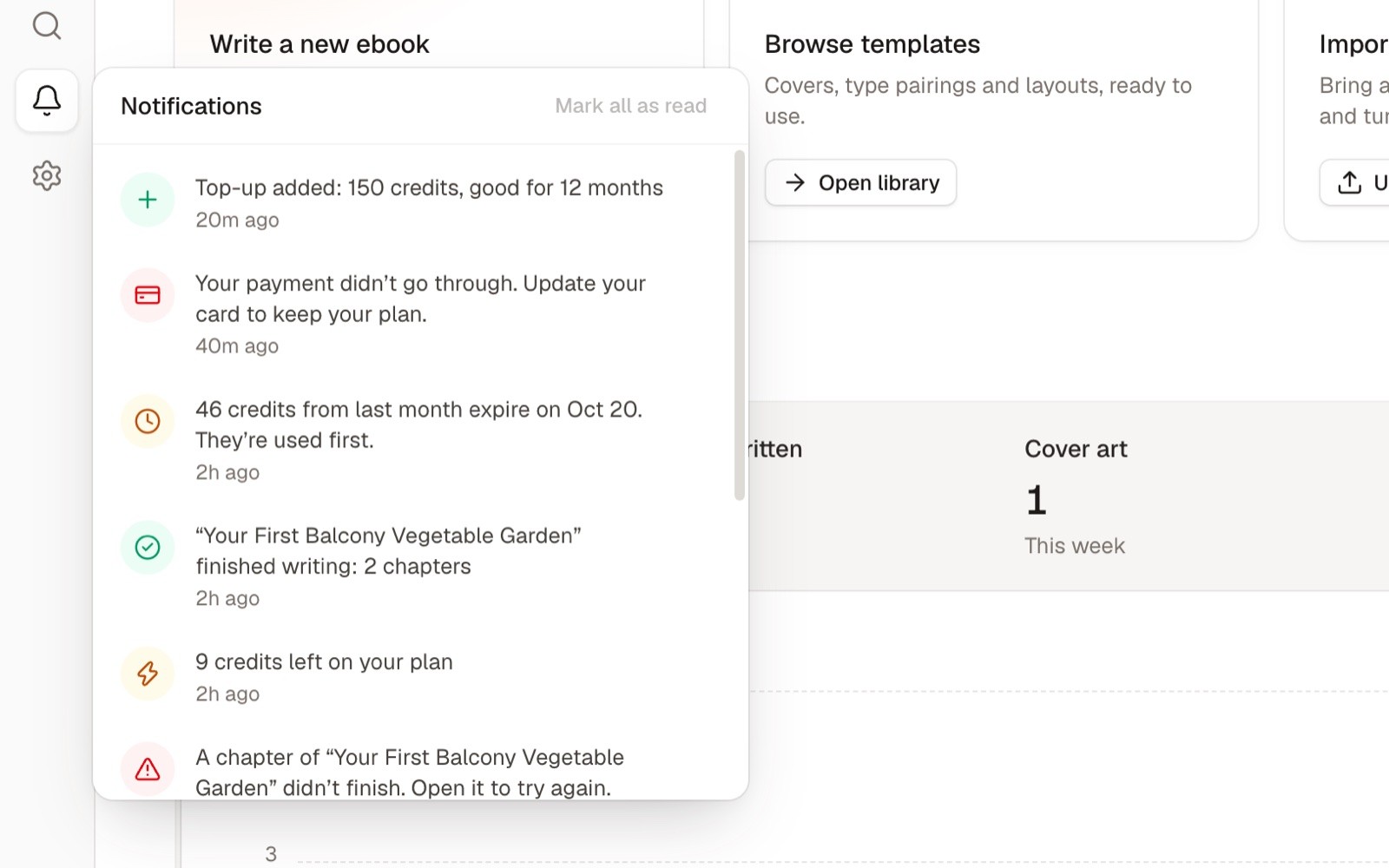 Koobe’s notifications: a top-up of 150 credits added, a card payment that didn’t go through, 46 credits from last month expiring on Oct 20, and 9 credits left on the plan.