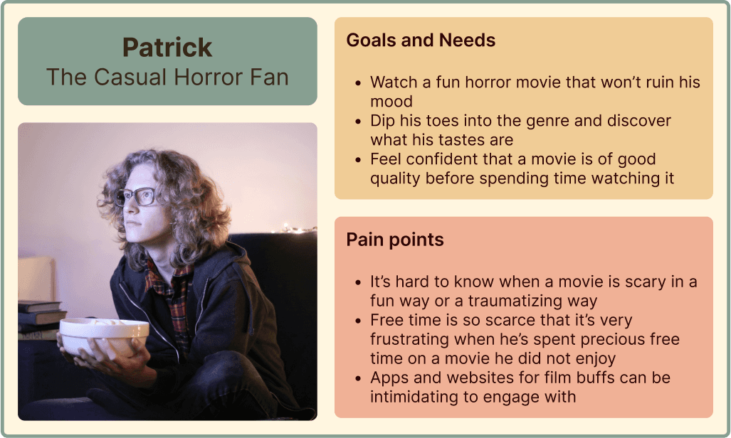 photo, needs, and descriptions of Patrick, the casual horror fan