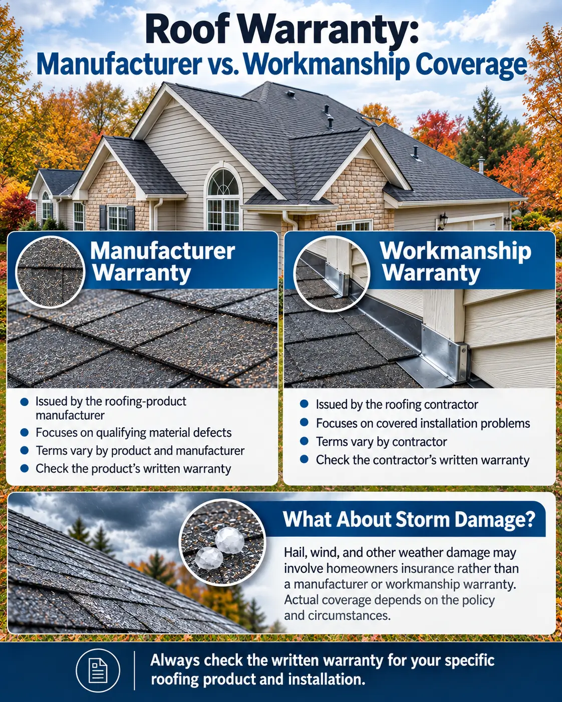 Roof warranty infographic comparing manufacturer material coverage, contractor workmanship coverage, and storm damage considerations.