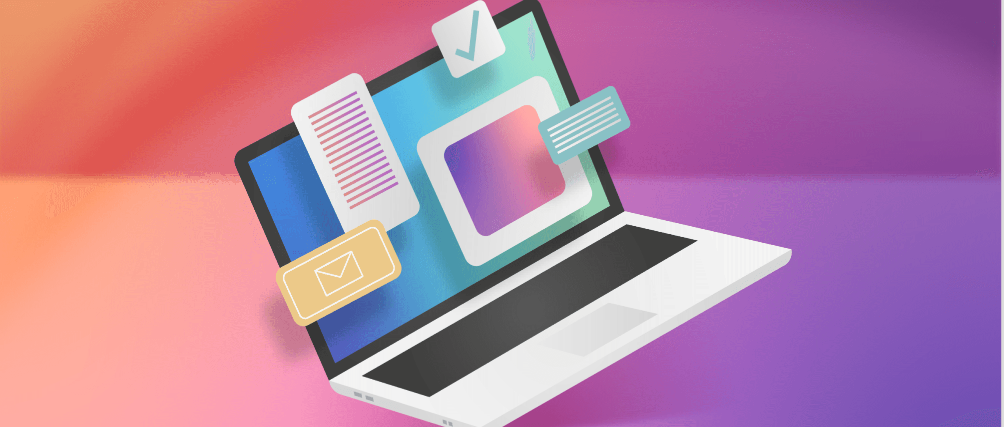a laptop a glowing purple and orange gradient background.