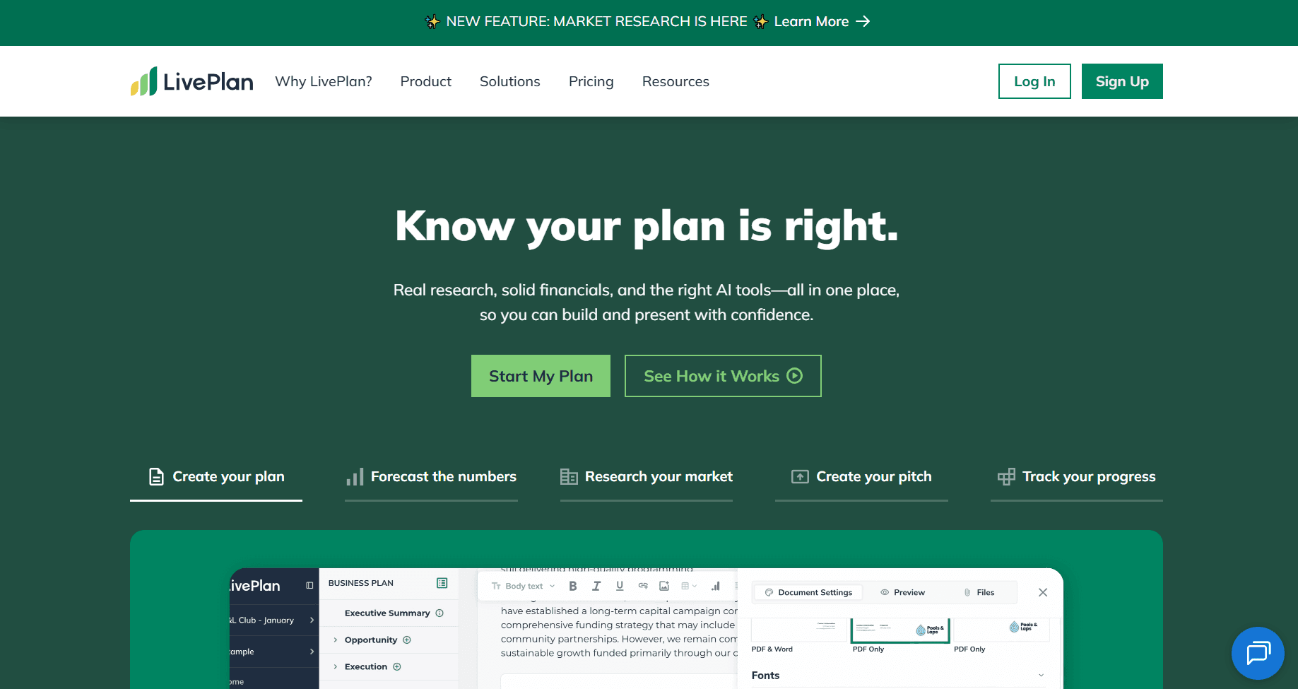 Homepage screenshot of LivePlan featuring the headline “Know your plan is right.” with options to create a business plan, forecast numbers, research the market, create a pitch, and track progress.