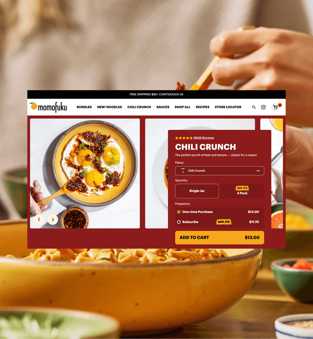 Momofuku Shopify product page with bundle and subscription options