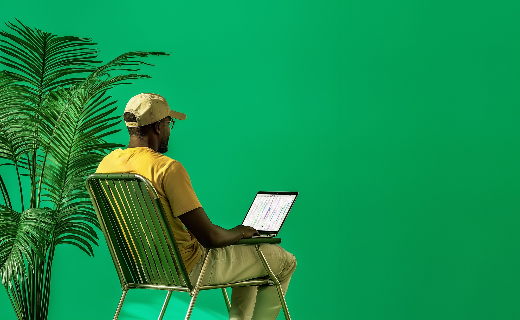 Traveller sits on a holiday chair working with his laptop, a palm tree in the background