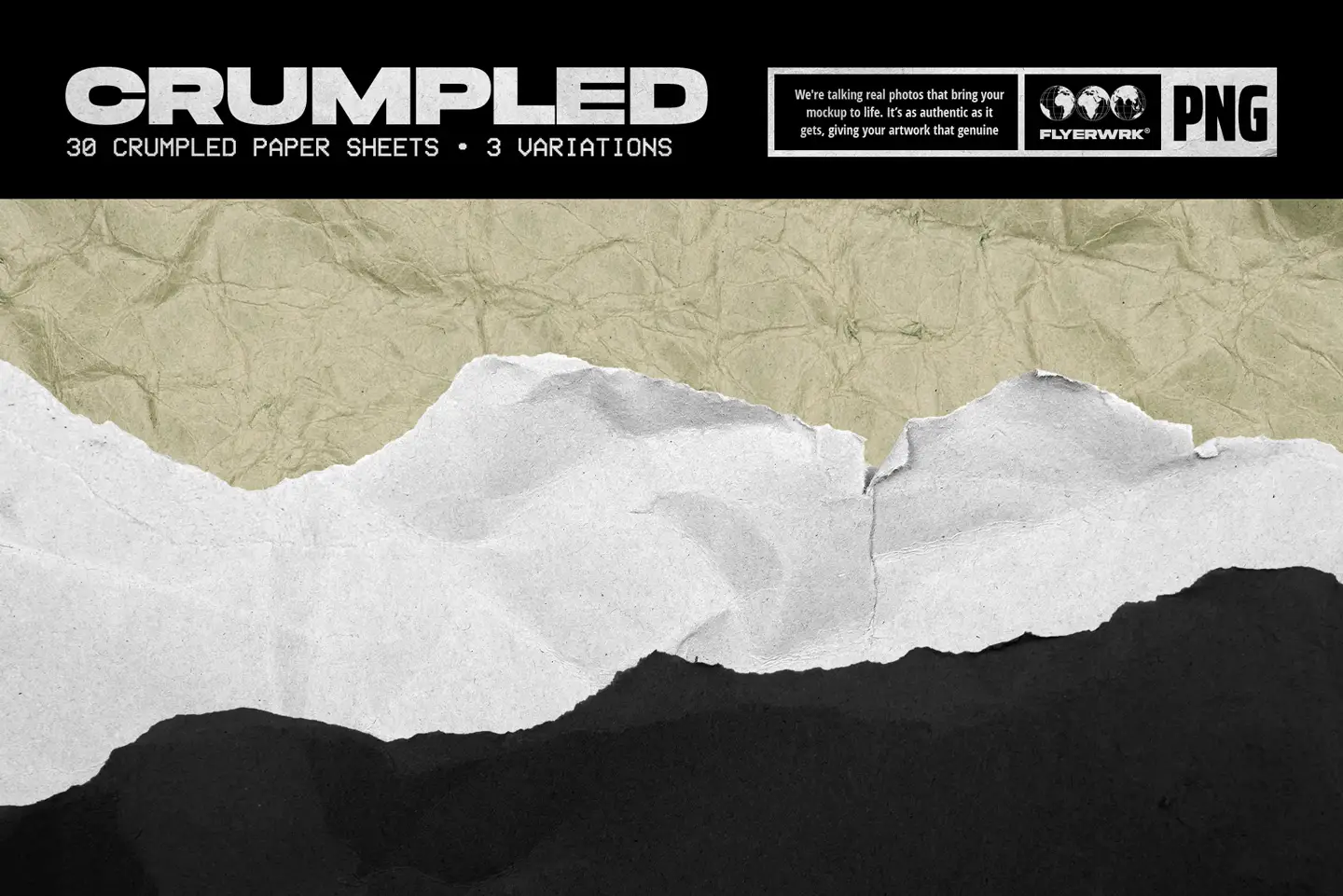 Crumpled paper sheets collection with white vintage and black authentic torn paper texture variations