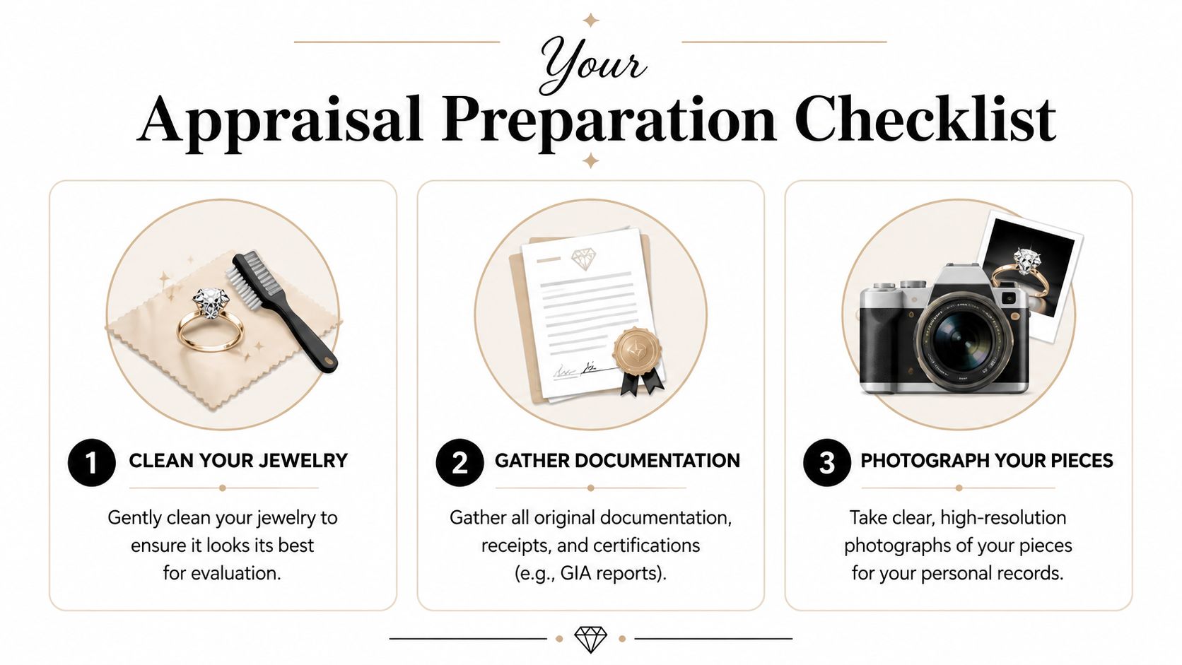 A checklist showing three steps to prepare jewelry for a professional appraisal, including cleaning, documentation, and photography.