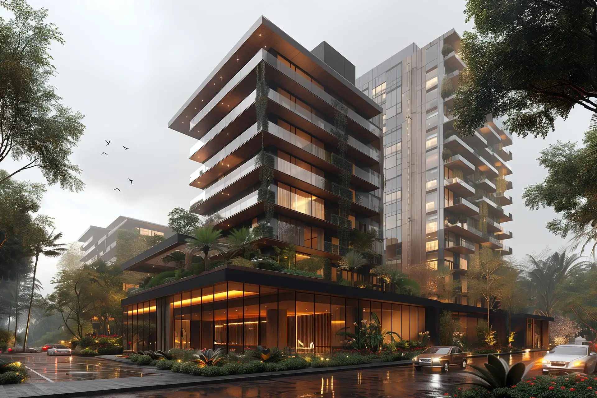 Modern high-rise apartments embraced by tropical foliage under a foggy morning sky, with city traffic and birds flying past.