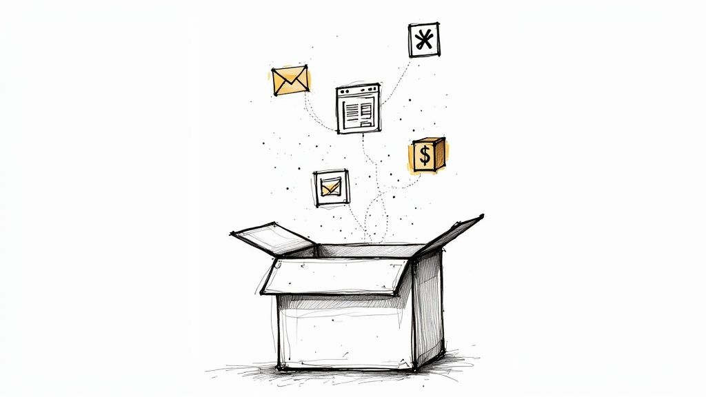 A person at a desk surrounded by different communication icons like email, social media, and website symbols, choosing the right tool.