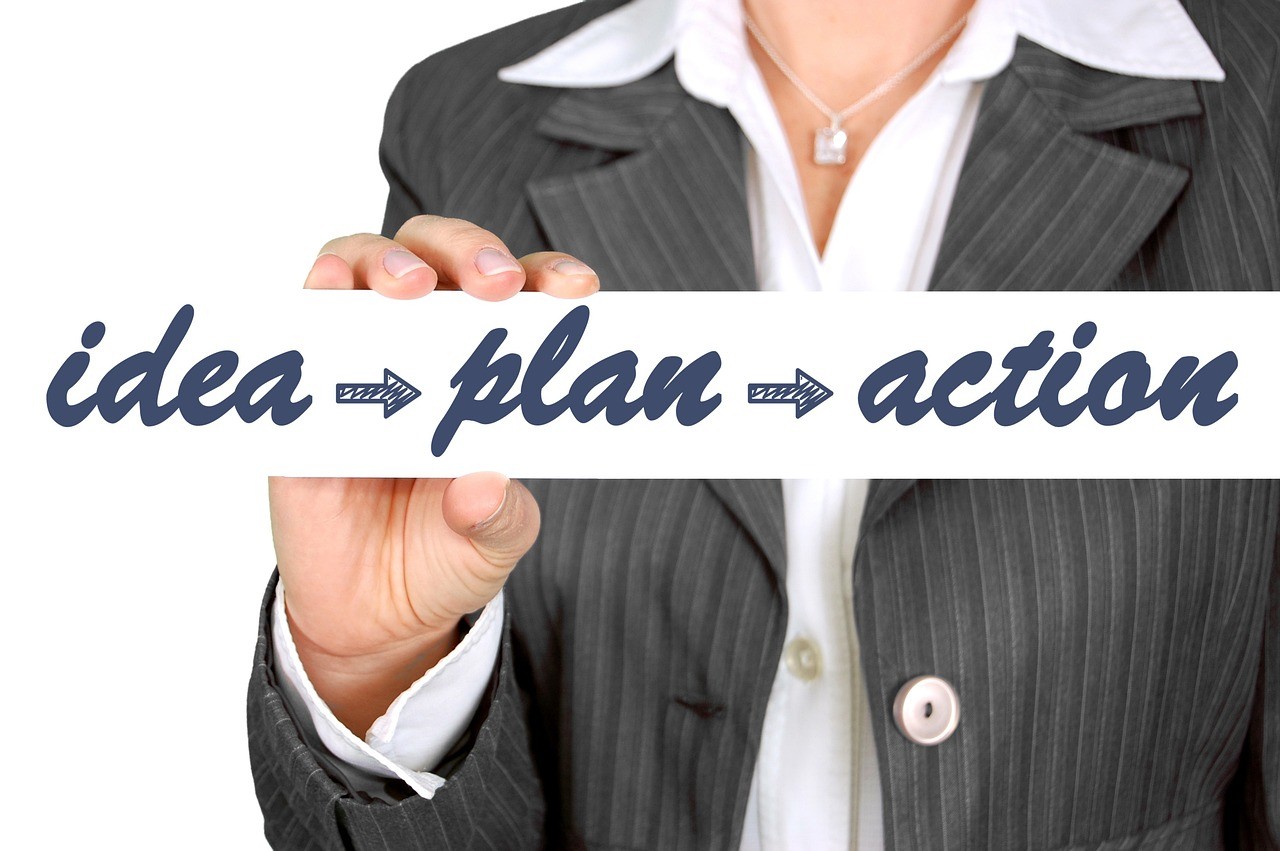Person with overlay text showing Idea, Plan, Action workflow