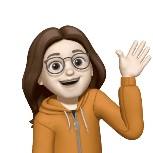 memoji de cabelos castanhos e óculos de grau acenando oi