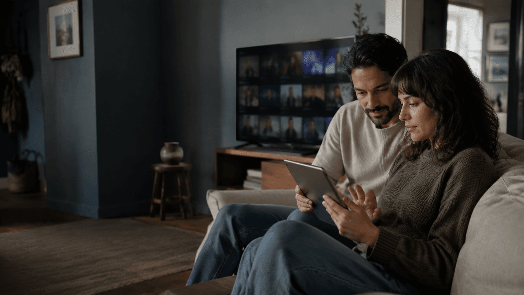 Two consumers use a tablet together at home, with a smart television in the background.