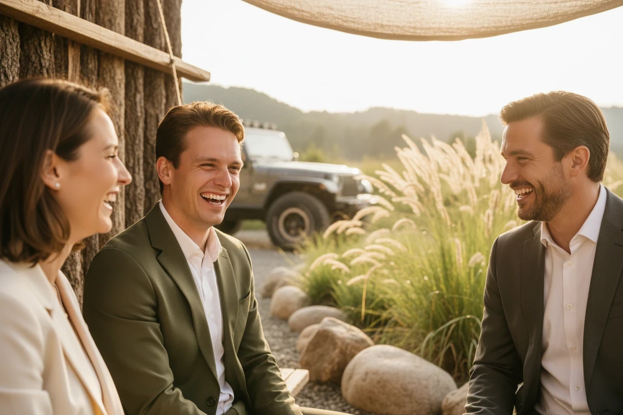 Three people are seated outdoors, smiling and engaged in conversation amidst greenery and rustic surroundings.