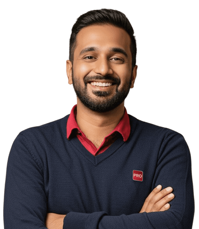 A smiling tax expert in a collared shirt with a name tag reading “K. Jain, Tax expert, 4 years"