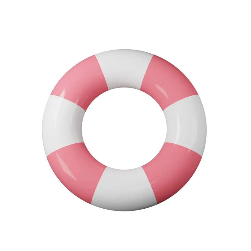 3D illustration of a pink and white lifebuoy on a soft pink background.