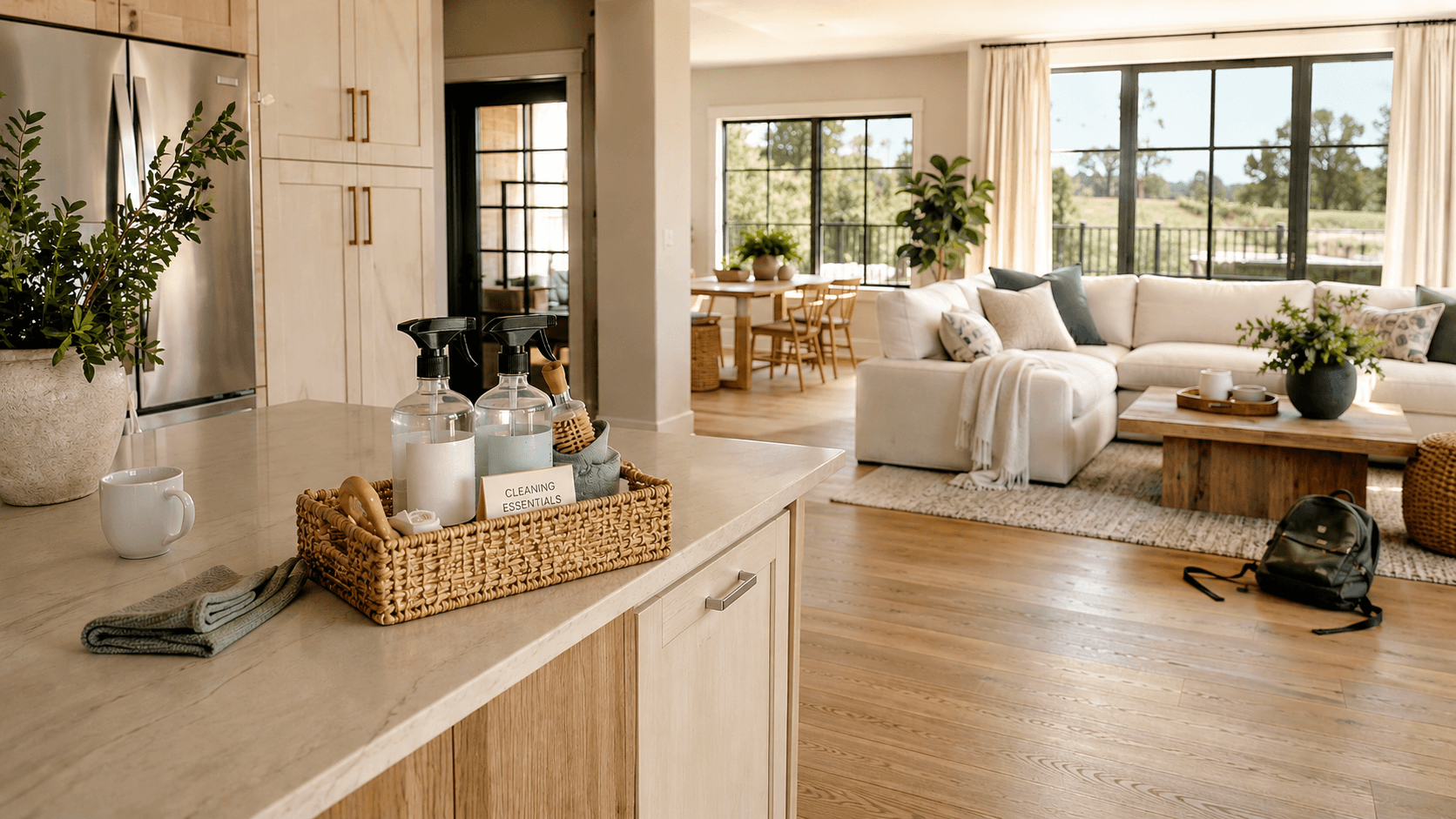 Organized kitchen with essential cleaning supplies in a stylish woven basket, set against a bright living space with a cozy sofa and wooden dining table, showcasing a warm and inviting atmosphere.