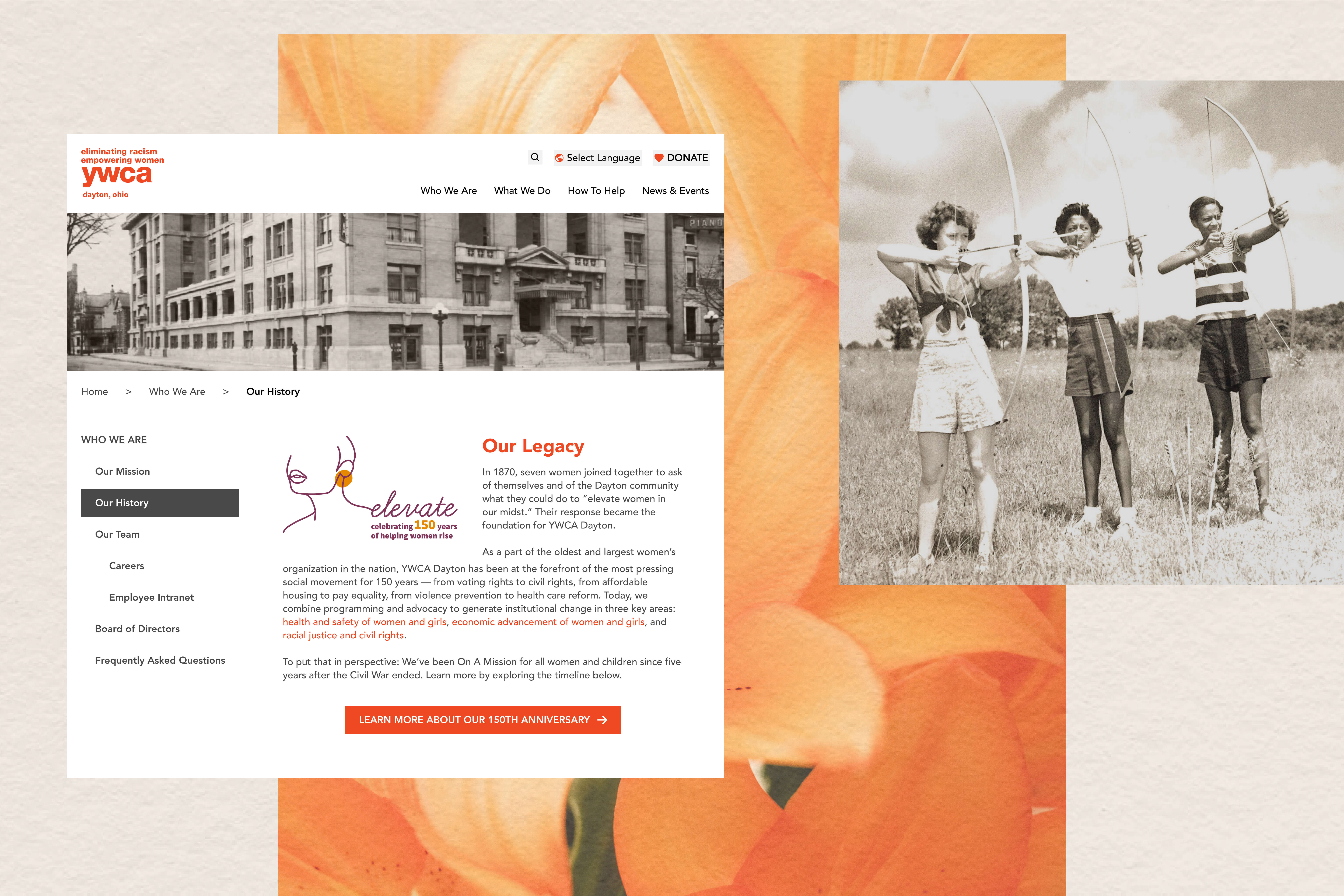 Collage of the YWCA website article highlighting the logo and women with bow and arrows