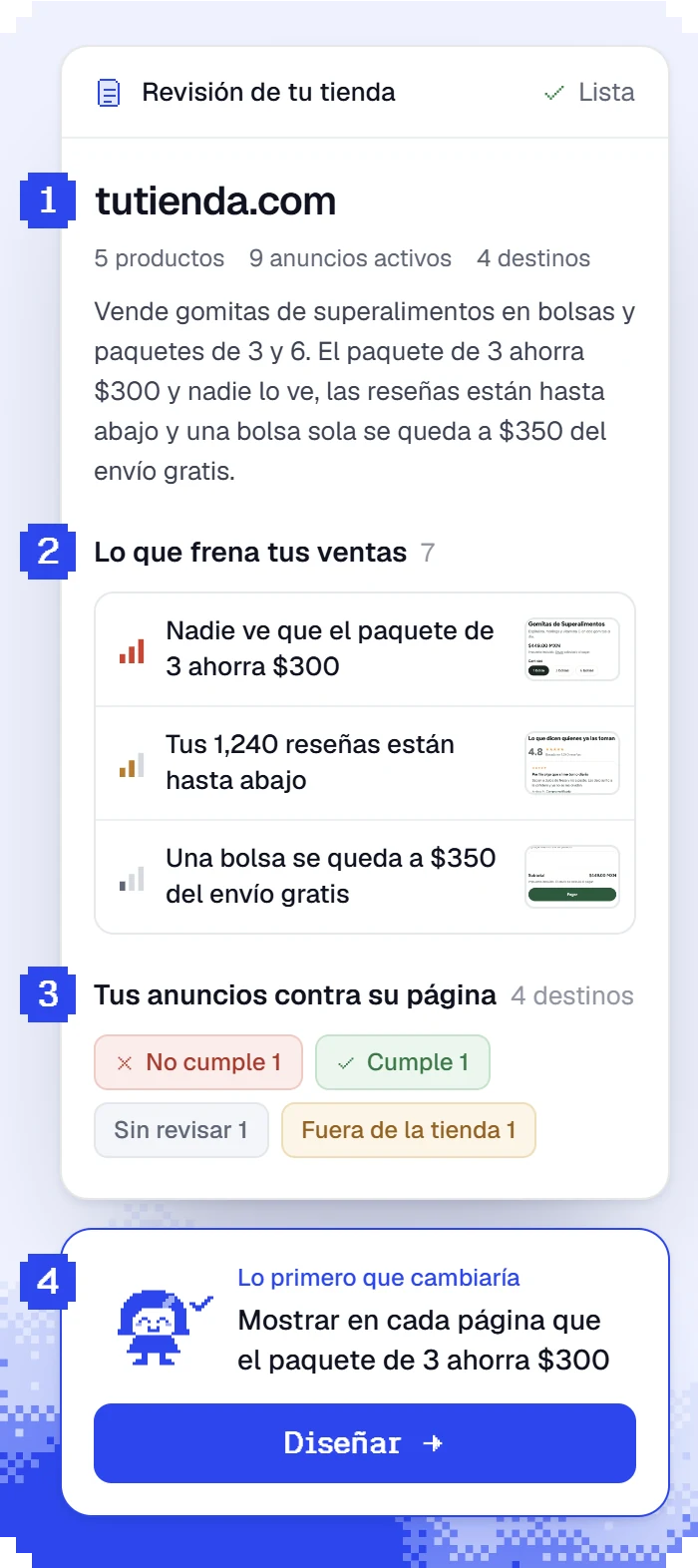 Revisión de una tienda con hallazgos en orden y el primer cambio que haría Belén