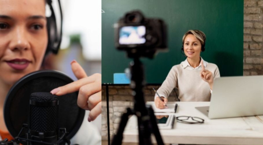 A voiceover artist at a microphone and a teacher recording on camera, comparing voiceovers and on-camera presentations for educational videos.