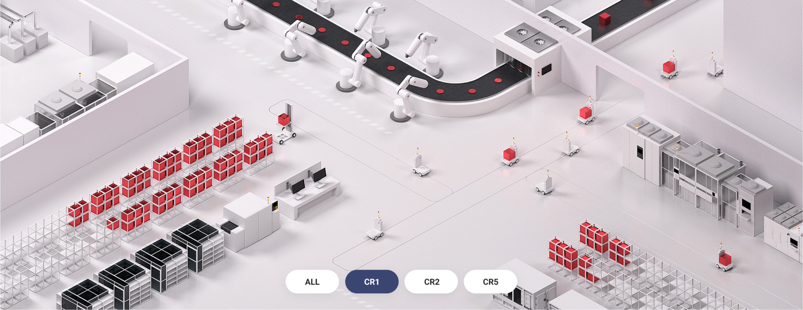적재 구역, 자동 운반 로봇, 생산 설비가 함께 구성된 스마트 팩토리 레이아웃