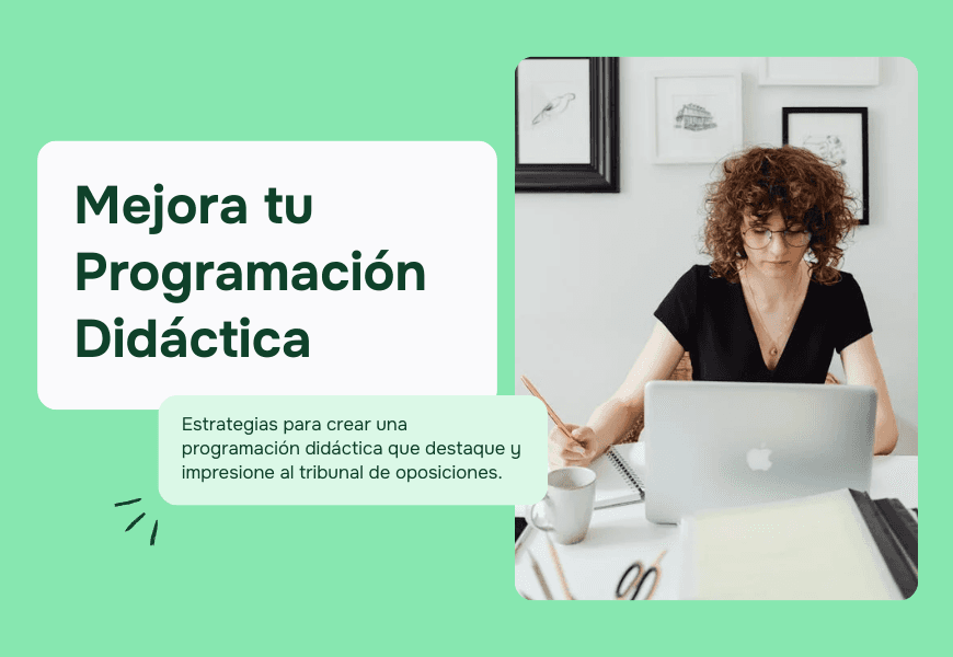 Persona sentada frente a un portátil en un escritorio, con fondo verde, representando trabajo y planificación didáctica.