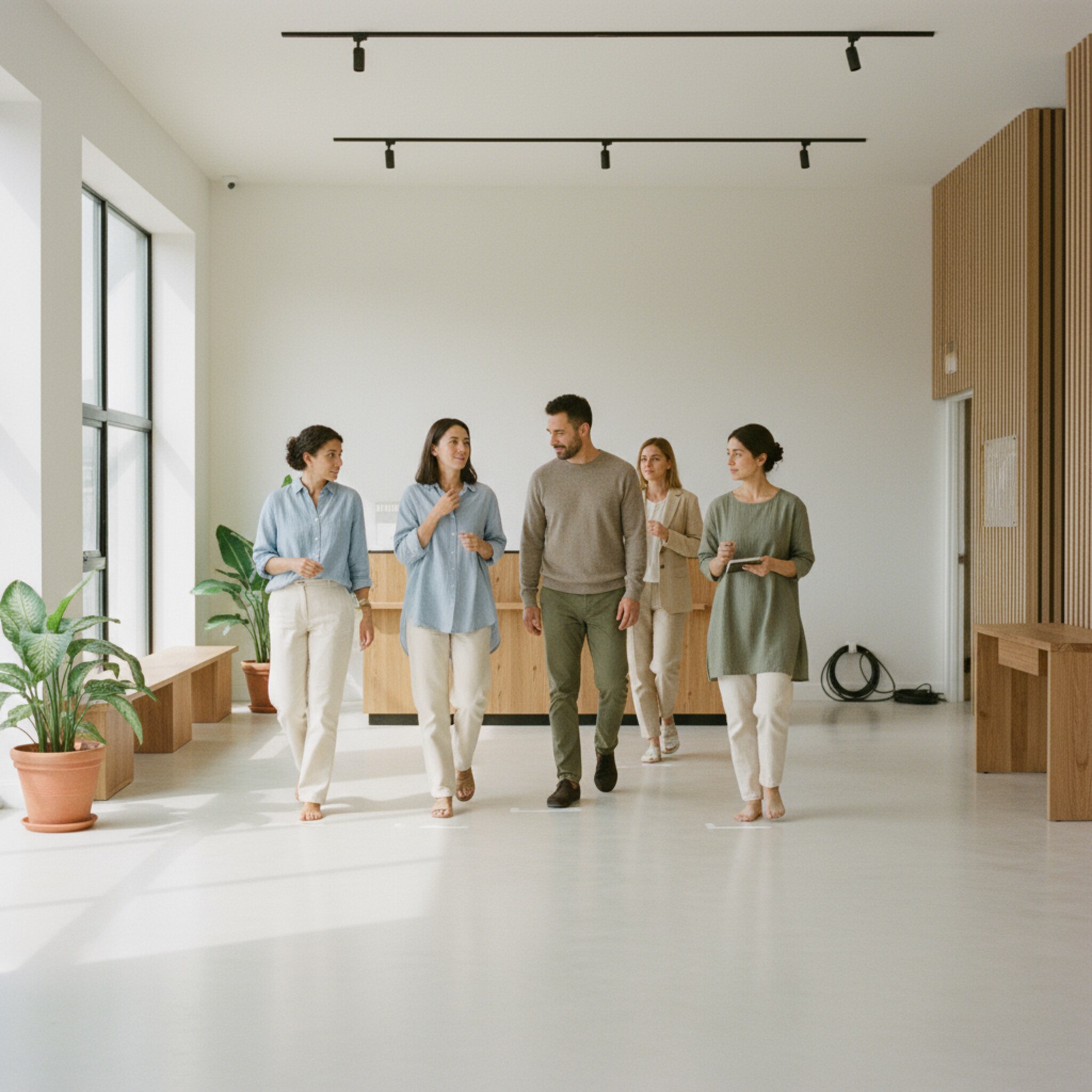 Ein freundlicher Empfangsbereich führt in einen hellen Studio-Raum. Ein kleines Team betritt ruhig die Fläche, deutet auf die markierten Positionen und stimmt sich kurz ab. Das Licht ist weich, die Stimmung wirkt offen und angenehm.