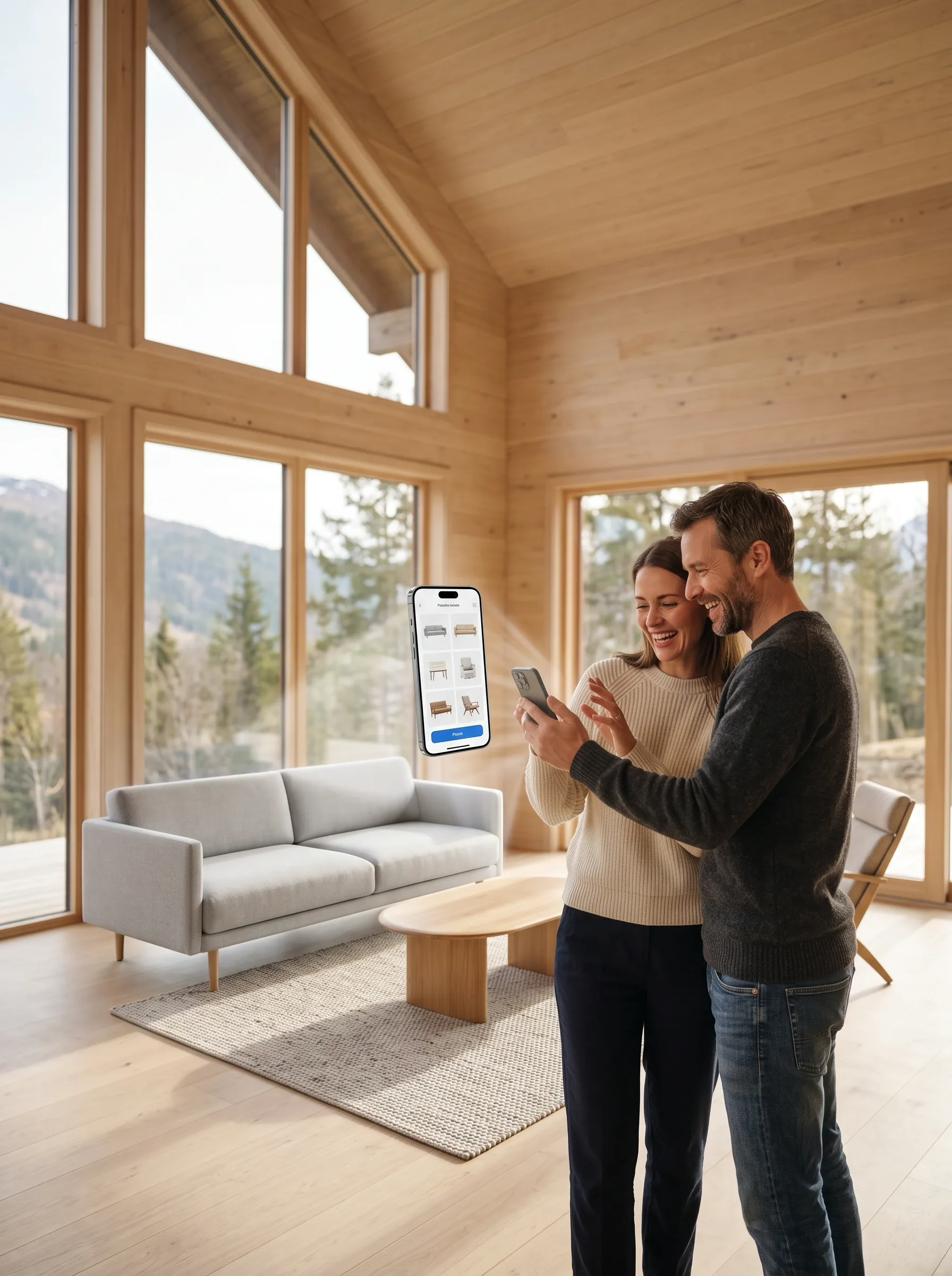 Homeowner using a smartphone to place furniture in a bright room